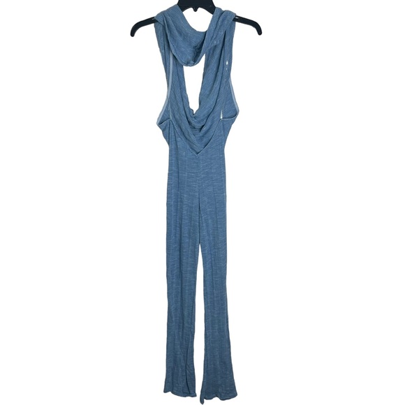 Blue Knit Cowl Neck Hoodie Style Sheer Jumpsuit - Picture 9 of 11